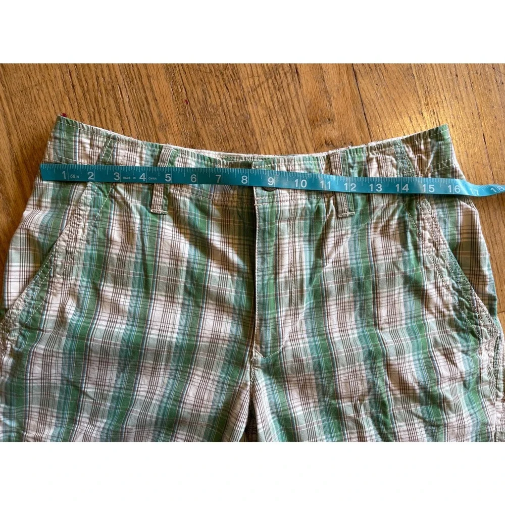Y2K Cargo Express Mens Green White Plaid Cotton Flat Front Casual Shorts Size 31